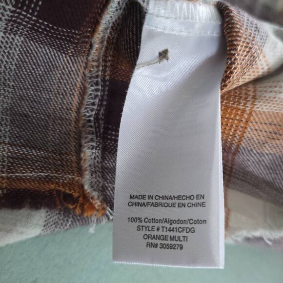 Thread & Supply Women's Sz Large Orange Burgundy Plaid Raw Hem Button Dn Flannel - Picture 6 of 6